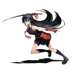  1girl akame akame_ga_kill! black_gloves black_hair black_legwear black_shirt black_skirt divine_gate elbow_gloves fingerless_gloves full_body gloves hair_between_eyes holding holding_sword holding_weapon katana kneehighs long_hair looking_at_viewer necktie official_art one_leg_raised pleated_skirt red_eyes red_necktie school_uniform shadow shirt skirt sleeveless sleeveless_shirt solo square_enix sword transparent_background ucmm very_long_hair weapon white_fox_(company) 