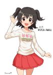  1girl akagi_miria black_hair blush brown_eyes character_name highres idolmaster idolmaster_cinderella_girls looking_at_viewer multiple_girls omaru_gyuunyuu open_mouth outstretched_hand short_hair simple_background smile solo twintails white_background 