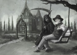  2boys abend86 absurdres arch beard death_(discworld) death_(entity) discworld facial_hair grey_background greyscale highres holding holding_scythe mansion monochrome multiple_boys on_swing patio_chair scenery scythe sitting swing terry_pratchett wide_brim 
