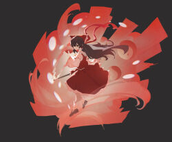  1girl absurdres bow brown_eyes brown_hair closed_mouth commentary detached_sleeves frilled_bow frilled_hair_tubes frilled_skirt frills full_body gohei hair_bow hair_tubes hakurei_reimu highres holding holding_gohei long_hair ofuda orb red_bow red_skirt ribbon-trimmed_sleeves ribbon_trim shoes skirt skirt_set smile socks solo toast13 touhou white_socks yin_yang yin_yang_orb 