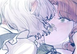  2girls back black_bow black_ribbon blue_dress blush bow braid brown_hair collared_shirt commentary_request dress fingernails frills green_eyes green_vest grey_hair hair_bow hand_on_another&#039;s_head highres hong_meiling izayoi_sakuya kiss korean_commentary long_hair lovelobten maid multiple_girls neck_ribbon parted_bangs ribbon shirt short_hair simple_background touhou twin_braids upper_body vest white_background white_shirt yuri 