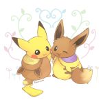  commentary_request costume eevee hands_together no_humans one_eye_closed pikachu pokemon pokemon_(creature) 