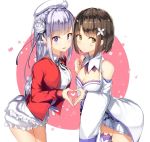  2girls bare_shoulders braid breasts brown_eyes brown_hair cleavage cosplay crossover crown_braid dress emilia_(re:zero) emilia_(re:zero)_(cosplay) flower hair_flower hair_ornament hair_ribbon heart heart_hands heart_hands_duo kono_bijutsubu_niwa_mondai_ga_aru! leaning_forward long_hair looking_at_viewer miniskirt multiple_girls orihi_chihiro pleated_skirt pointy_ears re:zero_kara_hajimeru_isekai_seikatsu ribbon short_hair skirt smile thigh-highs usami_mizuki usami_mizuki_(cosplay) white_dress wide_sleeves 