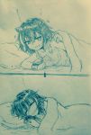  +++ 1girl 2koma bangs bare_arms blanket blush bracelet breasts closed_eyes collarbone comic commentary_request directional_arrow efukei eyebrows_visible_through_hair hair_between_eyes highres horns jewelry kijin_seija looking_at_viewer lying medium_breasts monochrome on_side pillow short_hair sleeveless smile touhou traditional_media translation_request 