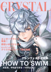  1boy absurdres ahoge alphinaud_leveilleur armor black_gloves blue_eyes cam_(cammero95713700) carbuncle_(final_fantasy) commentary_request cover creature creature_on_shoulder earrings english_text final_fantasy final_fantasy_xiv fingerless_gloves gloves highres jewelry looking_at_creature magazine_cover male_focus mixed-language_text on_shoulder pointy_ears shadow short_hair shoulder_armor smile solo_focus translation_request white_hair 