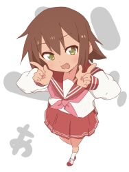  1girl :d bluearcadegames brown_hair double_l fang highres kusakabe_misao looking_at_viewer lucky_star neckerchief pink_neckerchief red_sailor_collar red_skirt red_sleeve_cuffs ryouou_school_uniform sailor_collar school_uniform shirt shoes short_hair skirt smile socks spiky_hair striped_sleeve_cuffs uwabaki white_background white_shirt white_socks yellow_eyes 