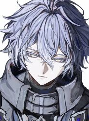  1boy absurdres black_jacket closed_mouth collared_jacket commentary_request crossed_bangs double-parted_bangs empty_eyes eyelashes flins_(genshin_impact) frown genshin_impact hair_between_eyes highres jacket koumimi male_focus portrait simple_background solo upper_body white_background wing_collar yellow_eyes 