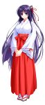  1girl amasaka_takashi bell blue_eyes blue_hair breasts full_body hair_bell hair_ornament hakama highres japanese_clothes large_breasts long_hair looking_at_viewer miko official_art red_hakama sandals smile solo tabi toujou_amane transparent_background unionism_quartet wide_sleeves 