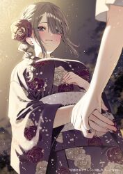  2girls asa_no_ha_(pattern) blue_eyes braid chigusa_minori closed_mouth commentary_request cover cover_page flower grey_hair hair_flower hair_ornament hamanasu_ruka highres holding_hands japanese_clothes kimono koutsugou_semi-friend kuruma_suuna long_hair manga_cover multiple_girls obi official_art purple_flower purple_kimono sash sidelocks textless_version 