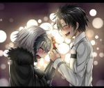  1boy 1girl :d ahoge black_hair blurry blush bracer city_lights closed_eyes coat depth_of_field embarrassed fate/grand_order fate_(series) fujimaru_ritsuka_(male) fur_collar gift grey_hair head_tilt headpiece highres jeanne_alter letterboxed night open_mouth outdoors ruler_(fate/apocrypha) sanmotogoroo short_hair sideways_mouth smile valentine 