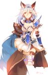  1girl animal_ears armor armored_dress breasts brown_eyes cat_ears cleavage dress erun_(granblue_fantasy) gloves granblue_fantasy hair_between_eyes hair_intakes hair_tubes hairband heles kirero light_smile long_hair looking_at_viewer medium_breasts short_dress silver_hair sketch solo thigh-highs twitter_username white_dress zettai_ryouiki 