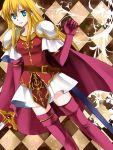  1girl 74 armor belt blonde_hair blue_eyes boots cape checkered checkered_background dutch_angle elbow_gloves fire_emblem fire_emblem:_seisen_no_keifu gloves lachesis_(fire_emblem) long_hair pauldrons sheath skirt smile solo sword thigh-highs thigh_boots weapon zettai_ryouiki 