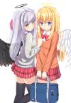  2girls angel_wings bag black_wings blonde_hair dark_halo gabriel_dropout halo highres multiple_girls school_uniform shiraha_raphiel_ainsworth takapii tenma_gabriel_white thigh-highs white_hair wings 