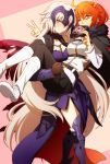  2girls armor armored_dress bare_shoulders belt black_gloves black_legwear black_skirt blonde_hair blush boots box breasts cape carrying chains chocolate cleavage fate/grand_order fate_(series) fujimaru_ritsuka_(female) fur_trim gift gift_box gloves greaves headpiece jeanne_alter long_hair long_sleeves looking_at_viewer medium_breasts multiple_girls oiun orange_hair pantyhose princess_carry ruler_(fate/apocrypha) shirt short_hair side_ponytail skirt smile v very_long_hair white_boots white_shirt yellow_eyes yuri 