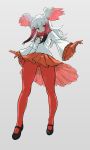  1girl bangs buttons crested_ibis_(kemono_friends) expressionless eyebrows_visible_through_hair frilled_sleeves frills full_body gloves half-closed_eyes highres jitome kemono_friends legs long_hair long_sleeves looking_at_viewer multicolored_hair panties pantyhose pantyshot pantyshot_(standing) parted_lips pleated_skirt red_gloves red_legwear red_skirt shiba_itsuki shirt simple_background skirt solo standing tail thighs two-tone_hair underwear white_background white_hair white_shirt wide_sleeves wings yellow_eyes 