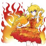  1girl blonde_hair burning dress heraldry highres iesupa orange_dress rwby sleeveless sleeveless_dress solo violet_eyes yang_xiao_long 