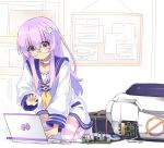  1girl choujigen_game_neptune computer d-pad female glasses hair_ornament highres laptop long_hair nepgear neptune_(series) nomalandnomal purple_hair robot solo striped striped_legwear violet_eyes 