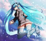  1girl alternate_costume bangs black_coat blue_eyes blue_hair boots breasts coat earmuffs eiji_(eiji) eyebrows_visible_through_hair feet from_behind full_body fur-trimmed_sleeves fur_collar fur_trim hatsune_miku high_heel_boots high_heels long_hair long_sleeves looking_back medium_breasts midair no_legwear no_socks see-through snowing soles solo toes twintails very_long_hair vocaloid winter_clothes winter_coat 