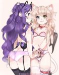  2girls animal_ears ass bear_panties bell blonde_hair blue_eyes borrowed_character bra breasts butt_crack cat_ears cat_tail cherry collar food fruit garter_straps girutea hair_ornament hair_over_breasts heterochromia jingle_bell long_hair multiple_girls nail_polish navel original panties pink_panties polka_dot polka_dot_bra print_panties purple_hair purple_nails skull_hair_ornament small_breasts smile tail thigh-highs underwear violet_eyes watermark web_address white_panties yellow_eyes 