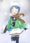  bag blue_hair commentary commentary_request fur_hat gloves gradient_hair hat highres kantai_collection long_hair mae_(maesanpicture) multicolored_hair neckerchief samidare_(kantai_collection) scarf school_uniform serafuku skirt smile snow sweater thigh-highs twitter_username very_long_hair 