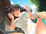  1girl black_eyes black_hair blue_sky bow bow_bra bra breasts day hose large_breasts long_hair looking_at_viewer original outdoors satsuki_neko see-through shirt sky solo_focus underwear wet wet_clothes wet_shirt white_shirt 