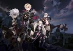  1girl 3boys armor black_dress black_gloves black_legwear blonde_hair book boots bow bow_(weapon) bowtie brown_boots capelet cierra_(ra-bit) clouds cloudy_sky dress dusk elise_(fire_emblem_if) eyepatch fire_emblem fire_emblem_if gloves hairband leon_(fire_emblem_if) long_hair multiple_boys odin_(fire_emblem_if) outdoors pants pink_bow pink_bowtie pink_eyes red_eyes silver_hair sitting sky staff thigh-highs twintails weapon zero_(fire_emblem_if) 