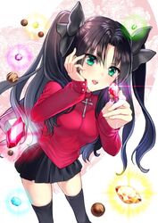  black_hair black_legwear black_skirt blue_eyes blush breasts chocolate fate/stay_night fate_(series) gem long_hair looking_at_viewer open_mouth ribbon skirt sweater tamaki_mitsune tohsaka_rin two_side_up 