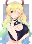  1girl bangs bare_shoulders blonde_hair blush breasts center_opening cleavage cleavage_cutout closed_mouth dragon_horns eyebrows_visible_through_hair finger_licking gradient_hair green_eyes green_hair grey_background hair_between_eyes half-closed_eye heart horns huge_breasts kobayashi-san_chi_no_maidragon licking long_hair looking_at_viewer multicolored_hair nekoume one_eye_closed quetzalcoatl_(maidragon) sidelocks simple_background solo tongue tongue_out upper_body wavy_hair white_border 