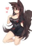  1girl animal_ears bei_mochi bent_knees black_hair black_shirt blush breasts cleavage clothes_writing collarbone cosplay hair_between_eyes heart hecatia_lapislazuli hecatia_lapislazuli_(cosplay) imaizumi_kagerou large_breasts long_hair looking_at_viewer no_pants parted_lips red_eyes shirt short_sleeves smile solo t-shirt tail touhou very_long_hair wolf_ears wolf_tail 
