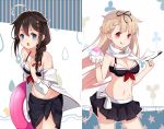  2girls alternate_costume bikini bikini_skirt black_bikini blue_eyes braid breasts brown_hair collarbone cowboy_shot french_braid gradient_hair hair_flaps hair_over_shoulder kantai_collection leaning_forward lifebuoy long_hair medium_breasts midriff miniskirt multicolored_hair multiple_girls navel pleated_skirt redhead remodel_(kantai_collection) sarong scarf shigure_(kantai_collection) single_braid skirt smile straight_hair swimsuit thighs tongue tongue_out two-tone_hair white_scarf yuhuan yuudachi_(kantai_collection) 