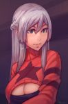  1girl blue_eyes blush braid breasts cleavage highres large_breasts meme_attire open-chest_sweater original silver_hair smile solo sweater unsomnus 