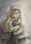  1girl alternate_eye_color arm_rest blonde_hair dress expressionless gradient gradient_background grey_background hand_up hat hat_ribbon highres long_hair long_sleeves looking_at_viewer mob_cap muted_color red_eyes ribbon solo tabard touhou wbfm white_dress wide_sleeves yakumo_yukari 