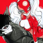  1boy 1girl arched_back black_hair blush bodysuit breasts cleavage coat double-breasted eyelashes kurusu_akira long_hair looking_away mask messy_hair persona persona_5 popped_collar profile red_background red_eyes shiny shiny_clothes short_hair simple_background sketch sweat takamaki_ann twintails wavy_hair zakki zipper 
