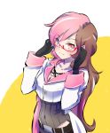  breasts brown_hair cleavage glasses gloves heterochromia highres iesupa multicolored_hair neo_(rwby) pink_hair rwby 