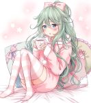  1girl :o animal_print bed_sheet blue_eyes blush bow breasts bunny_print cup drawstring dress error eyelashes fingernails flat_chest flower frilled_pillow frills green_hair hair_between_eyes hair_bow hair_ornament half_updo highres holding holding_cup hood hood_down hot_chocolate kantai_collection knees_together_feet_apart knees_up lace_trim leaning_back long_hair long_sleeves looking_at_viewer mug nail_polish nanairo_fuuka no_shoes on_bed pajamas pillow pink pink_bow pink_dress pink_legwear pink_nails pom_pom_(clothes) short_dress sitting sleeves_past_wrists solo steam striped striped_bow striped_legwear thigh-highs white_background yamakaze_(kantai_collection) zettai_ryouiki 