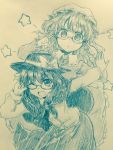 2girls ;d adjusting_glasses arm_up bangs bespectacled blush bow capelet commentary_request cowboy_shot crescent efukei eyebrows_visible_through_hair glasses hair_between_eyes hair_bow hand_up hands_up hat hat_bow highres leaning_forward long_sleeves looking_at_viewer maribel_hearn mob_cap monochrome multiple_girls one_eye_closed open_mouth parted_lips semi-rimless_glasses sidelocks skirt smile sparkle star touhou traditional_media under-rim_glasses usami_renko 