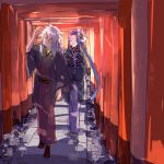  2boys assassin_(fate/stay_night) blue_hair closed_eyes fate/apocrypha fate/grand_order fate/stay_night fate_(series) japanese_clothes kimono long_hair male_focus mask miyoshi_(m-mallow) multiple_boys open_mouth saber_of_black white_hair 