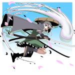  1girl ajirogasa black_gloves black_hairband black_ribbon black_shoes blue_background brown_hat dress fingerless_gloves frilled_skirt frills gloves gradient gradient_background green_dress grey_cape grey_eyes grey_legwear hair_ribbon hairband hat katana kikoka_(mizuumi) konpaku_youmu konpaku_youmu_(ghost) open_mouth petals pink_flower ribbon sandals scabbard sheath shoes short_hair silver_hair skirt solo sword touhou wakizashi weapon 