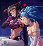  2girls :3 animal_ears black_hair blue_hair blush breasts capcom cat_ears cleavage closed_eyes company_connection crossover fang felicia han_juri head_rest highres kami_mitsugu_(kamiken) leaning_on_person multiple_girls street_fighter street_fighter_iv_(series) vampire_(game) wavy_mouth 
