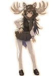  1girl antlers black_eyes black_skirt blush brown_hair commentary_request full_body fur hair_between_eyes kemono_friends loafers long_hair long_sleeves looking_at_viewer matsuda_(matsukichi) moose_(kemono_friends) moose_ears moose_tail pantyhose pleated_skirt scarf shoes skirt smile solo sweater_vest white_legwear 