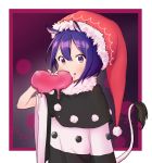  1girl black_dress blush capelet doremy_sweet dream_soul dress eating fur_trim hat multicolored multicolored_clothes multicolored_dress nightcap pom_pom_(clothes) purple_hair saple solo tail tapir_tail touhou upper_body violet_eyes white_dress wide_sleeves 