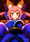  1girl absurdres animal_ears bad_id bad_pixiv_id blush bow breasts detached_sleeves ekake_iru fate/extra fate_(series) fox_ears hair_bow hair_ribbon highres japanese_clothes large_breasts looking_at_viewer looking_down pink_hair ribbon smile solo tamamo_(fate)_(all) tamamo_no_mae_(fate) yellow_eyes 