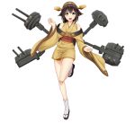  1girl :d brown_eyes brown_hair cannon full_body headgear highres ishizuchi_(battleship) juoto open_mouth original rigging short_hair simple_background smile transparent_background turret world_of_warships 