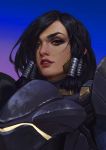  1girl 2016 artist_name black_hair brown_hair c_home commentary_request dark_skin dated eye_of_horus hair_tubes lips looking_at_viewer nose overwatch parted_lips pharah_(overwatch) realistic short_hair solo teeth upper_body 
