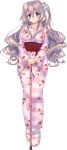  1girl absurdres amakano_~second_season~ animal_slippers aqua_eyes blush bunny_slippers cane crossed_bangs floral_print full_body hands_together highres japanese_clothes kimono kutsuno_kanade long_hair long_sleeves official_art one_side_up pink_hair piromizu smile solo transparent_background v_arms wavy_hair 