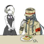  1boy 1girl armband blonde_hair chains chopsticks dangan_ronpa dress eating food grey_hair hair_over_one_eye long_hair lowres maid_headdress mask necktie new_dangan_ronpa_v3 pan-ya_(delta) pinafore_dress plate shinguuji_korekiyo shrimp shrimp_tempura simple_background sitting table tempura toujou_kirumi white_background yellow_eyes 