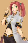  1girl artist_name belt cosplay eleanor_hume fingerless_gloves gloves green_eyes grin hair_ornament highres index_finger_raised luke_fon_fabre luke_fon_fabre_(cosplay) midriff mieu navel redhead smile solo tales_of_(series) tales_of_berseria tales_of_the_abyss twintails ubo_tales 