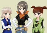  3girls aki_(girls_und_panzer) android_16 android_16_(cosplay) android_17 android_17_(cosplay) android_18 android_18_(cosplay) belt belt_buckle black_shirt brown_eyes brown_hair buckle cosplay denim denim_jacket dragon_ball dragon_ball_z dragonball_z girls_und_panzer holster long_hair mika_(girls_und_panzer) mikko_(girls_und_panzer) multiple_girls orange_scarf redhead ruka_(piyopiyopu) scarf shirt short_twintails silver_hair simple_background twintails 