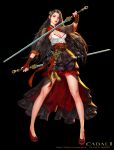  1girl absurdres black_hair breasts brown_eyes cabal_online chinese_clothes cleavage dospi dual_wielding full_body hair_ornament high_heels highres layered_skirt lips long_hair looking_at_viewer no_bra obi parted_lips sash see-through solo standing sword very_long_hair weapon 