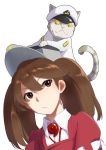  1girl animal animal_on_head brown_eyes brown_hair cat collared_shirt commentary_request hair_between_eyes hat japanese_clothes kantai_collection kariginu magatama military military_hat military_uniform non-human_admiral_(kantai_collection) on_head peaked_cap ryuujou_(kantai_collection) shaded_face shirt simple_background tachikoma_(mousou_teikoku) twintails uniform upper_body visor_cap white_background 